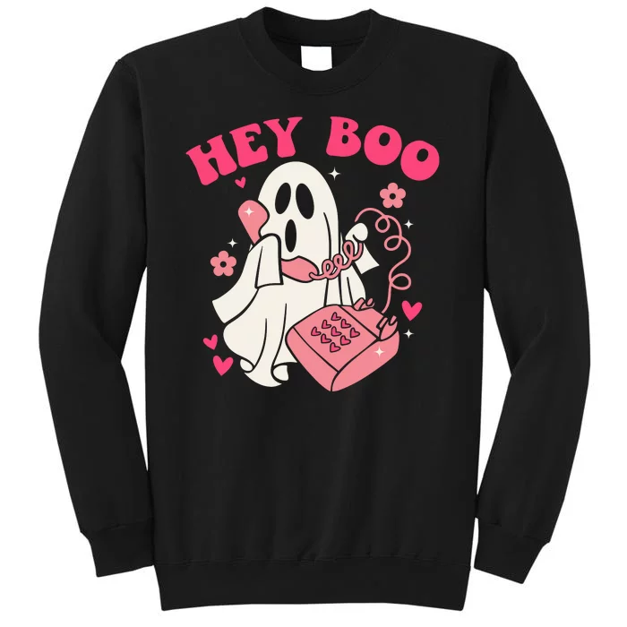 Hey Boo Cute Groovy Ghost Funny Halloween Mom Life Lazy Halloween Ghost Costume Tall Sweatshirt