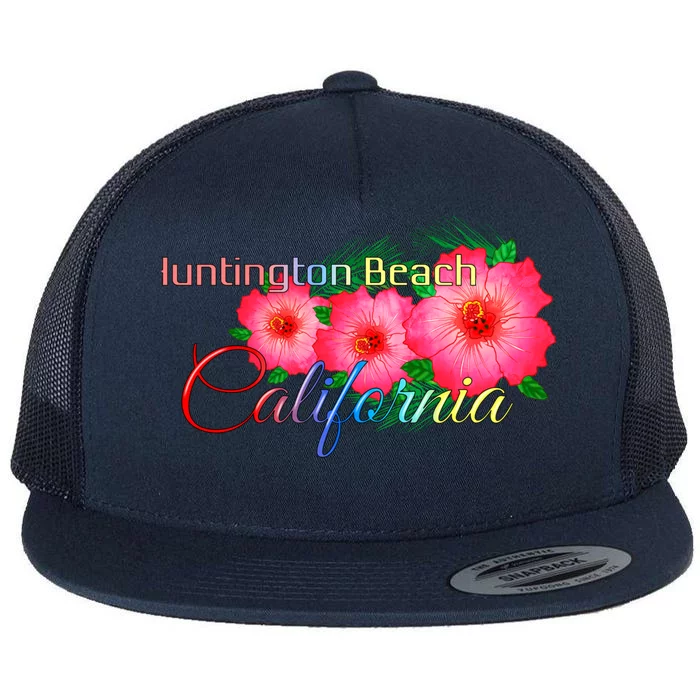 Huntington Beach California Tropical Flowers Family Vacation Gift Flat Bill Trucker Hat