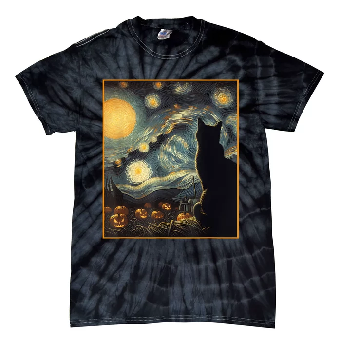 Halloween Black Cat Starry Night Cat Lovers Cat Tie-Dye T-Shirt