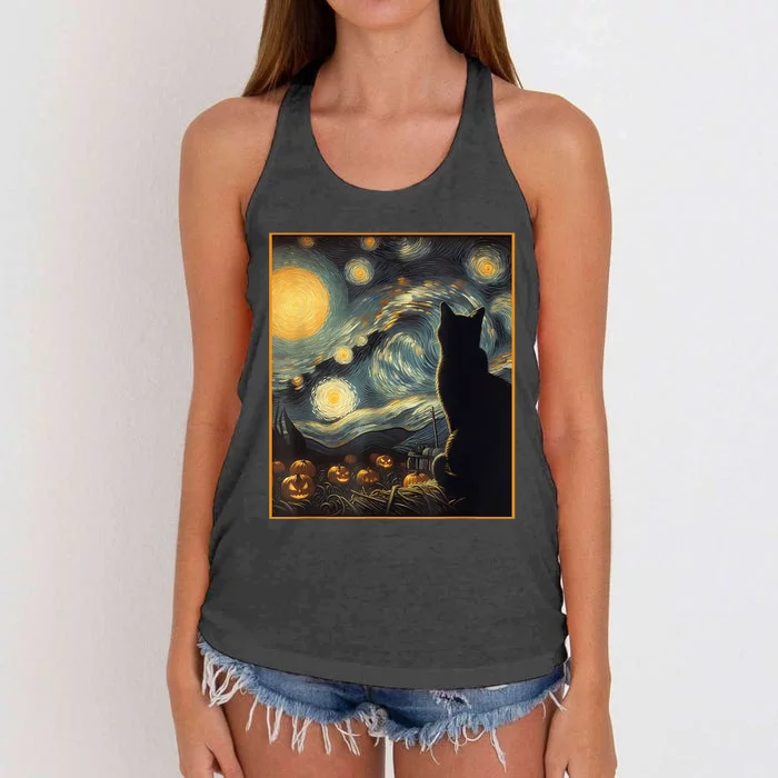 Halloween Black Cat Starry Night Cat Lovers Cat Women's Knotted Racerback Tank