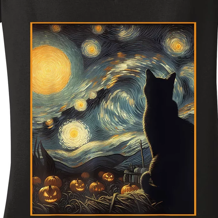 Halloween Black Cat Starry Night Cat Lovers Cat Women's V-Neck T-Shirt