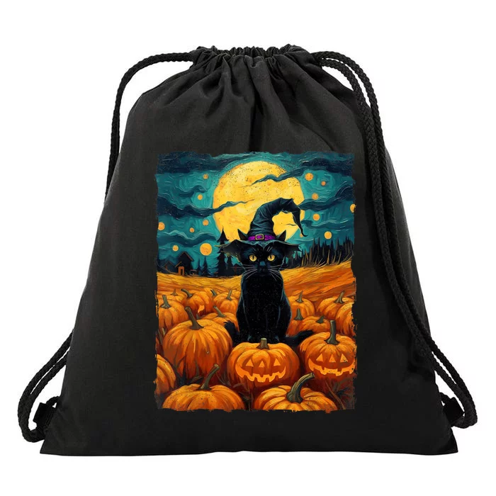 Halloween Black Cat Van Gogh Witch Kawaii Pumpkin Drawstring Bag