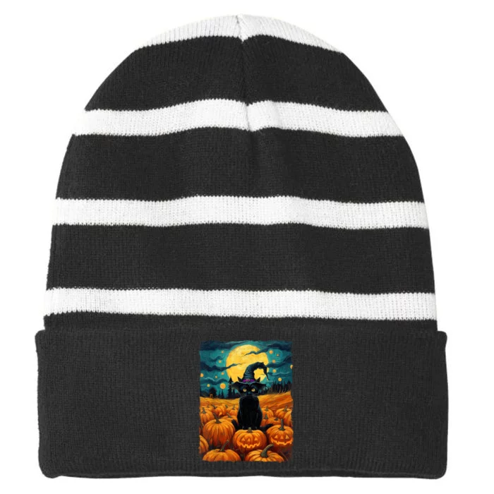 Halloween Black Cat Van Gogh Witch Kawaii Pumpkin Striped Beanie with Solid Band