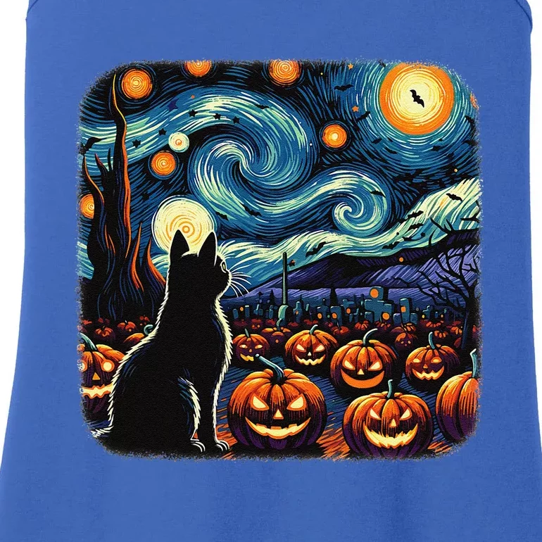 Halloween Black Cat Van Gogh Starry Night Pumpkins Bats Ladies Essential Tank