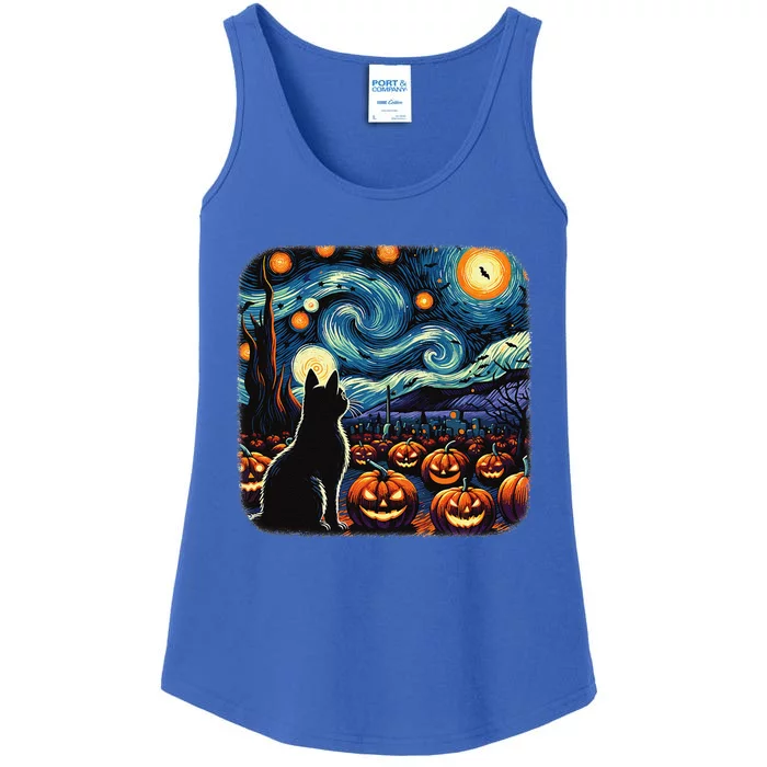 Halloween Black Cat Van Gogh Starry Night Pumpkins Bats Ladies Essential Tank