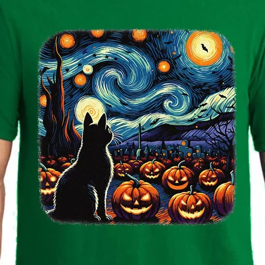 Halloween Black Cat Van Gogh Starry Night Pumpkins Bats Pajama Set