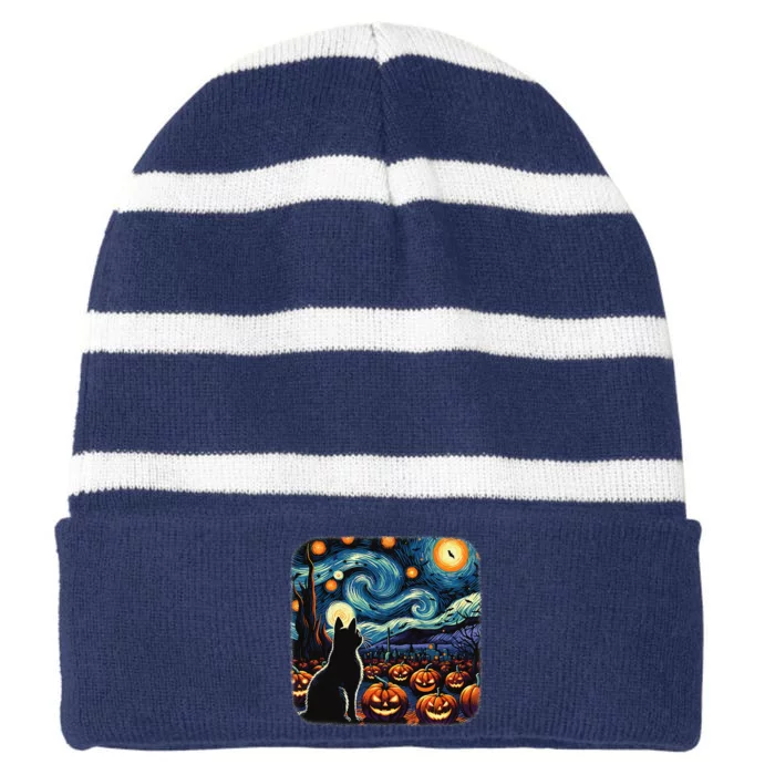 Halloween Black Cat Van Gogh Starry Night Pumpkins Bats Striped Beanie with Solid Band