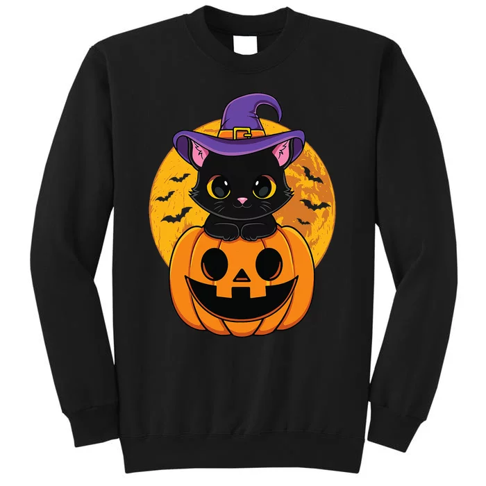 Halloween Black Cat Witch Hat Pumpkin Sweatshirt