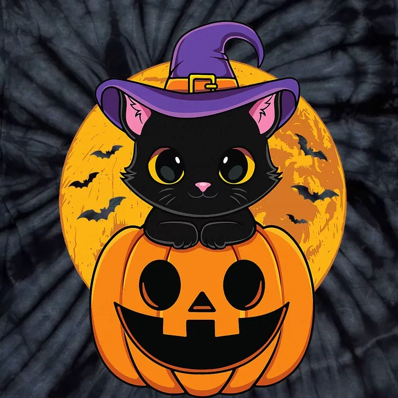 Halloween Black Cat Witch Hat Pumpkin Tie-Dye T-Shirt