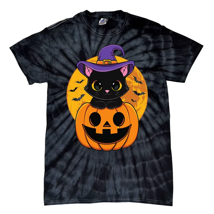 Halloween Black Cat Witch Hat Pumpkin Tie-Dye T-Shirt