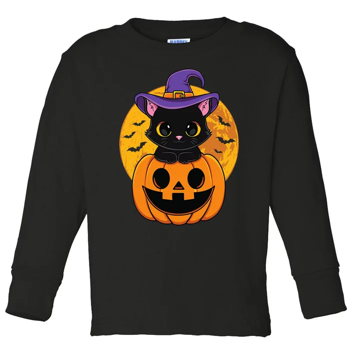 Halloween Black Cat Witch Hat Pumpkin Toddler Long Sleeve Shirt