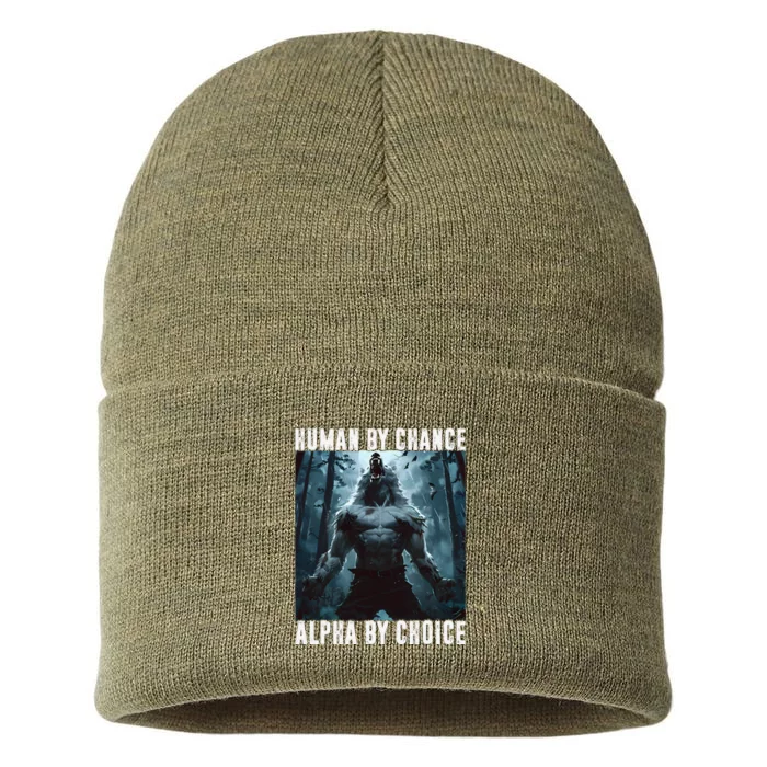 Human By Chance Alpha By Choice Alpha Wolf Meme Graphic Gift Sustainable Knit Beanie