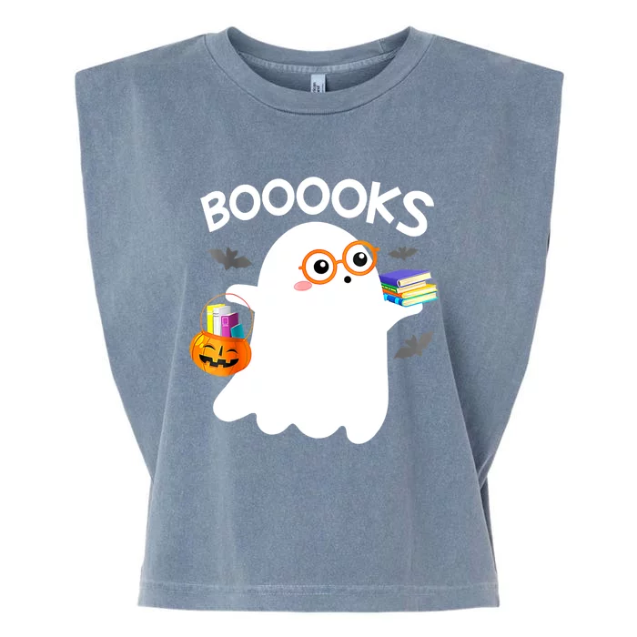 Halloween Booooks Cute Ghost Reading Library Books Halloween Garment-Dyed Women's Muscle Tee