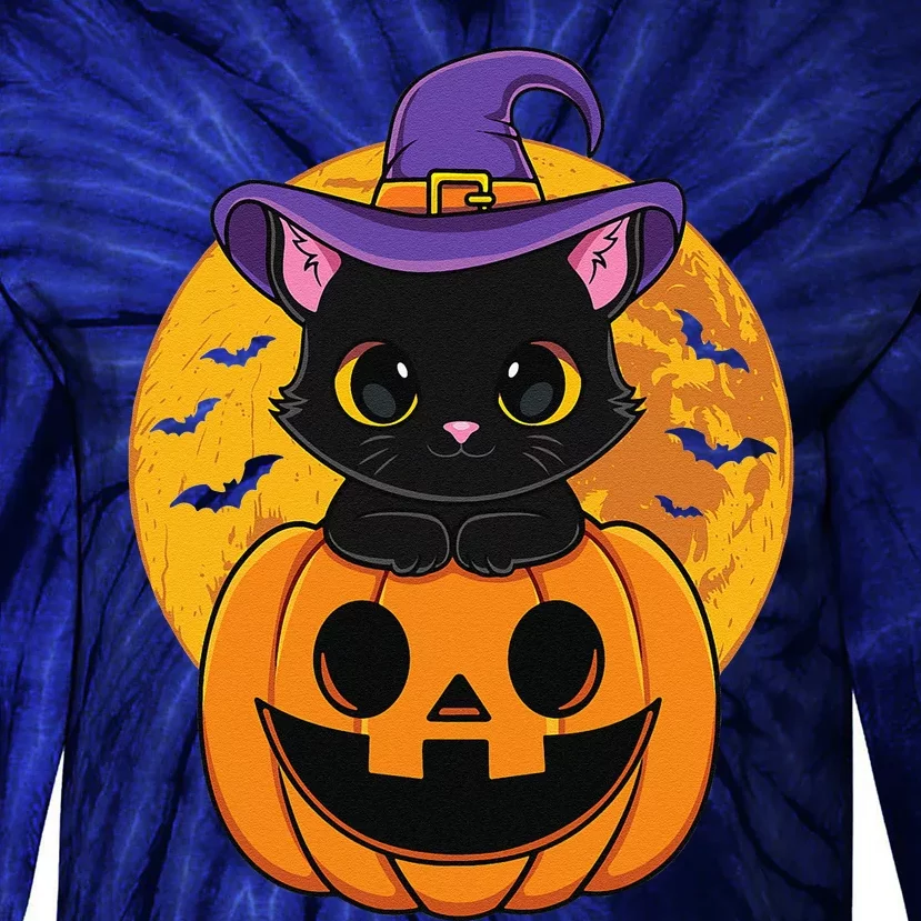 Halloween Black Cat Witch Hat Pumpkin For Tie-Dye Long Sleeve Shirt