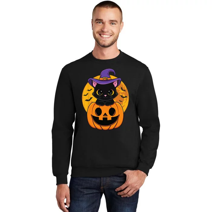 Halloween Black Cat Witch Hat Pumpkin Tall Sweatshirt