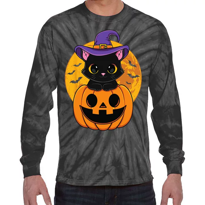 Halloween Black Cat Witch Hat Pumpkin Tie-Dye Long Sleeve Shirt