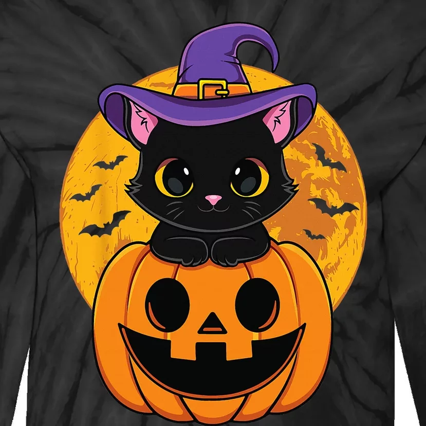 Halloween Black Cat Witch Hat Pumpkin Tie-Dye Long Sleeve Shirt