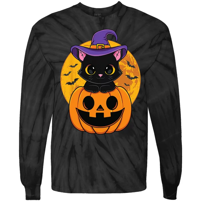 Halloween Black Cat Witch Hat Pumpkin Tie-Dye Long Sleeve Shirt