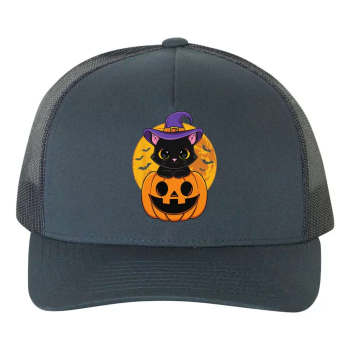 Halloween Black Cat Witch Hat Pumpkin For Yupoong Adult 5-Panel Trucker Hat