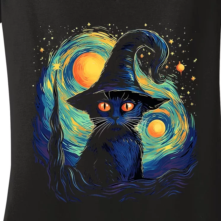 Halloween Black Cat Kitten Kitty Cat Witch Women's V-Neck T-Shirt