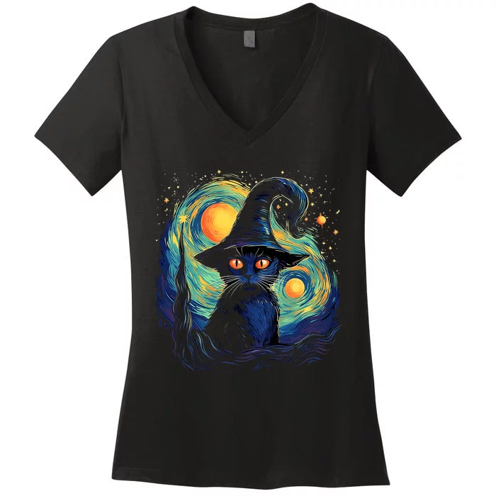 Halloween Black Cat Kitten Kitty Cat Witch Women's V-Neck T-Shirt