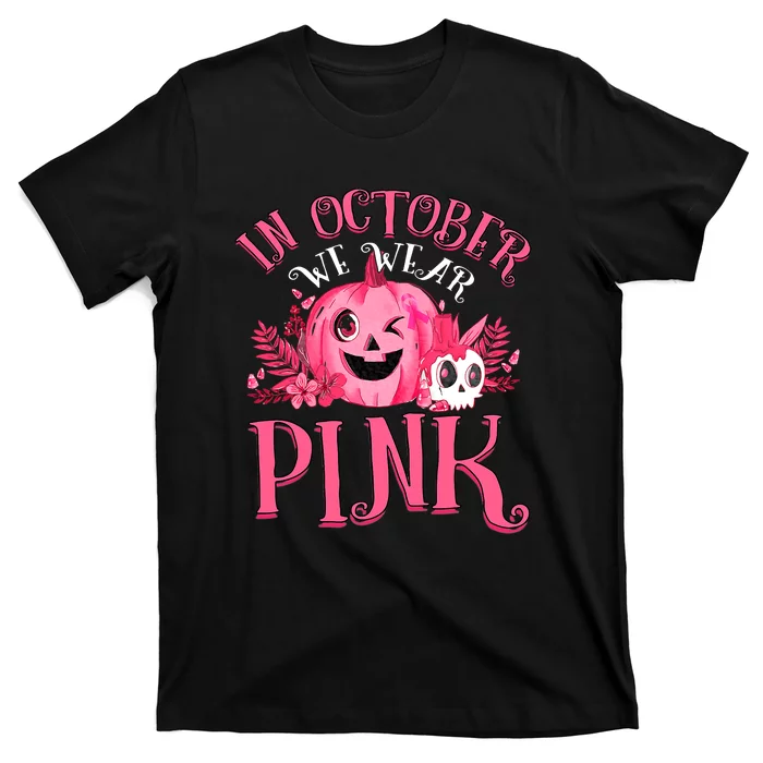 Halloween Breast Cancer In October We Wear Pink Pumpkin T-Shirt