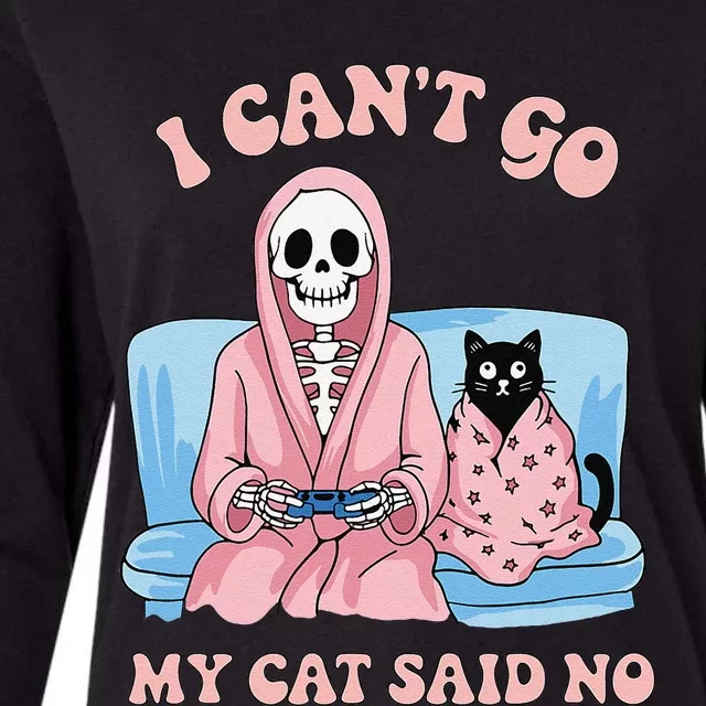 Halloween Black Cat On Skeleton Shoulder Womens Cotton Relaxed Long Sleeve T-Shirt