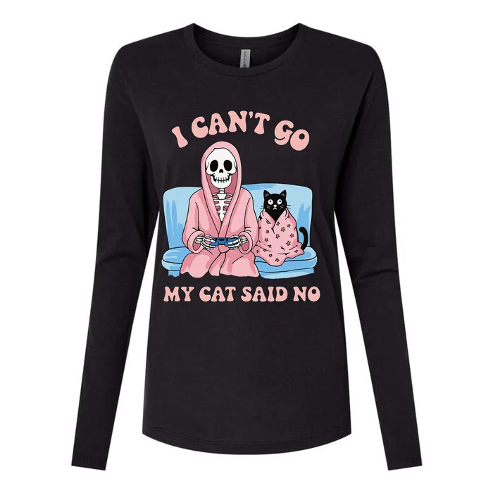 Halloween Black Cat On Skeleton Shoulder Womens Cotton Relaxed Long Sleeve T-Shirt