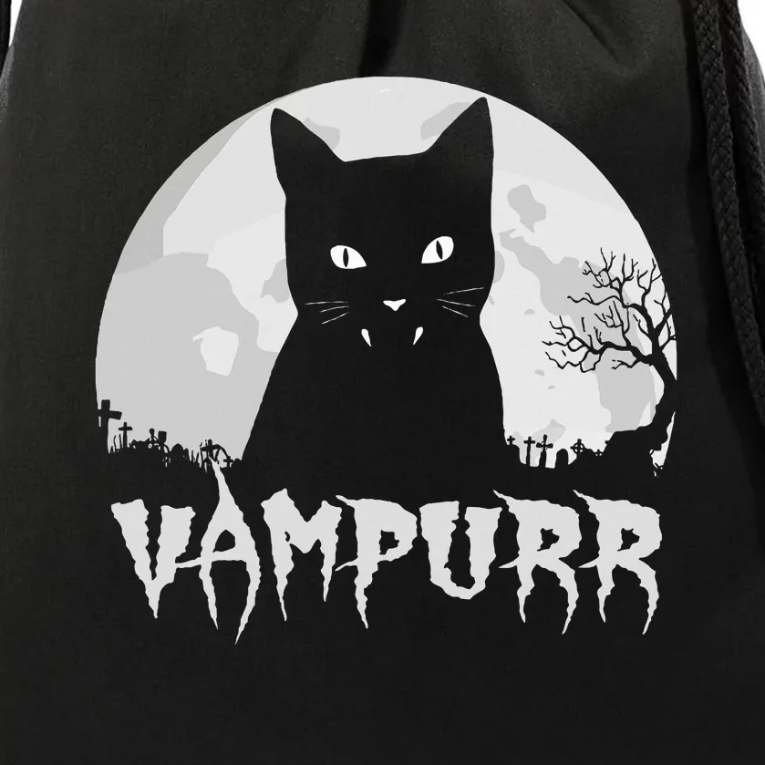 Halloween Black Cat Vampire With Full Moon Vampurr Pun Drawstring Bag