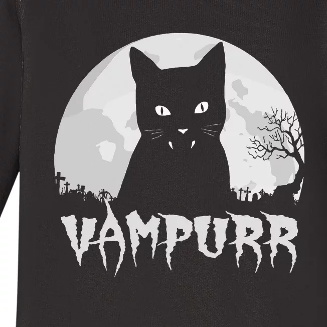 Halloween Black Cat Vampire With Full Moon Vampurr Pun Baby Long Sleeve Bodysuit