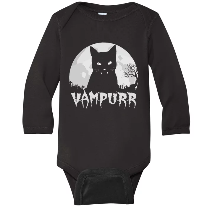 Halloween Black Cat Vampire With Full Moon Vampurr Pun Baby Long Sleeve Bodysuit