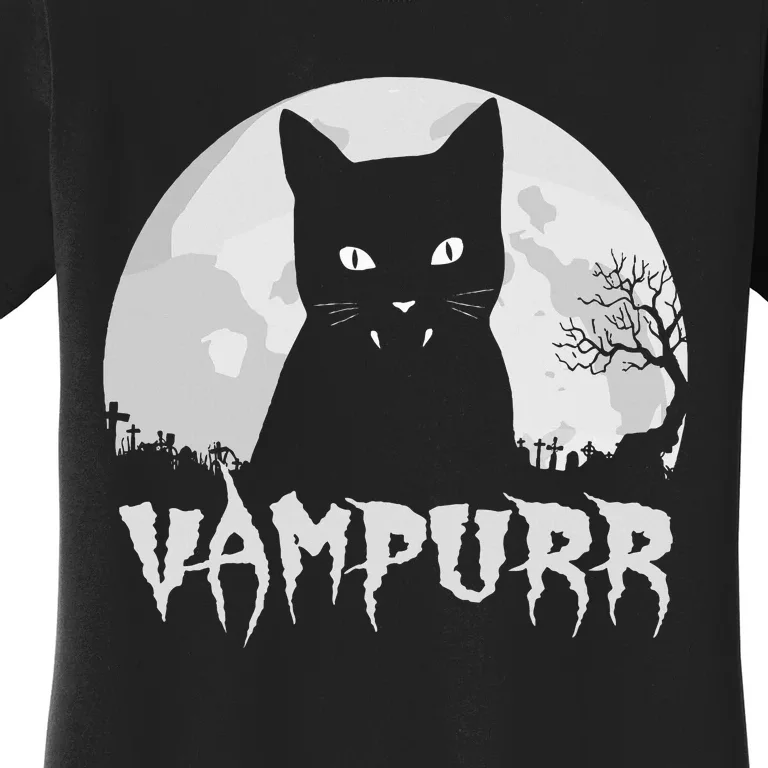 Halloween Black Cat Vampire With Full Moon Vampurr Pun Women's T-Shirt