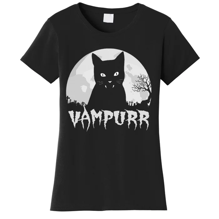 Halloween Black Cat Vampire With Full Moon Vampurr Pun Women's T-Shirt