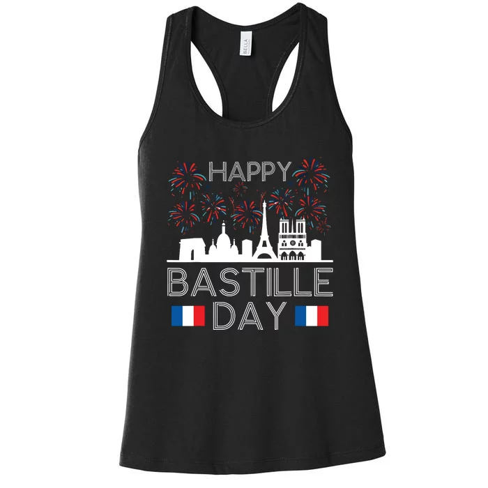 Happy Bastille Day France Paris French Flag Fireworks Women's Racerback Tank