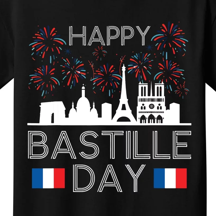 Happy Bastille Day France Paris French Flag Fireworks Kids T-Shirt