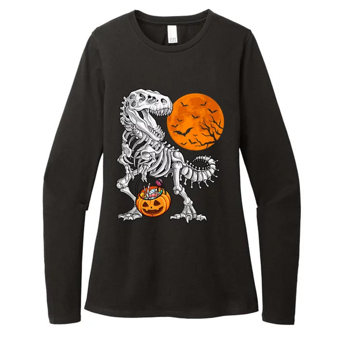 Halloween Boys Dinosaur Skeleton T Rex Scary Pumpkin Moon Womens CVC Long Sleeve Shirt