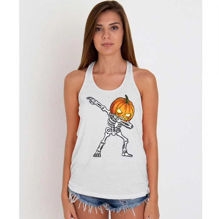 Halloween Boy Dabbing Skeleton Scary Pumpkin Jack O Lantern Women's Knotted Racerback Tank