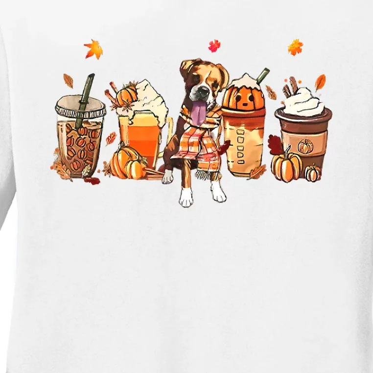 Halloween Boxer Dog Fall Coffee Pumpkin Spice Latte Ladies Long Sleeve Shirt