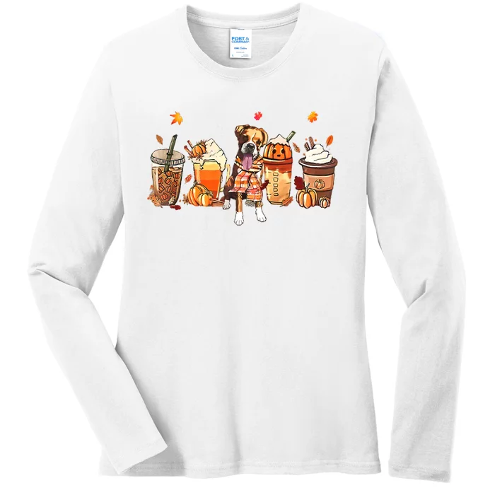 Halloween Boxer Dog Fall Coffee Pumpkin Spice Latte Ladies Long Sleeve Shirt