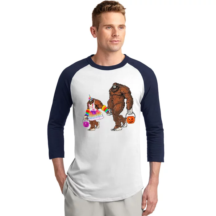 Halloween Bigfoot & Daughter Funny Unicorn Costume Humor Baseball Sleeve Shirt