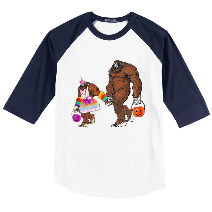 Halloween Bigfoot & Daughter Funny Unicorn Costume Humor Baseball Sleeve Shirt