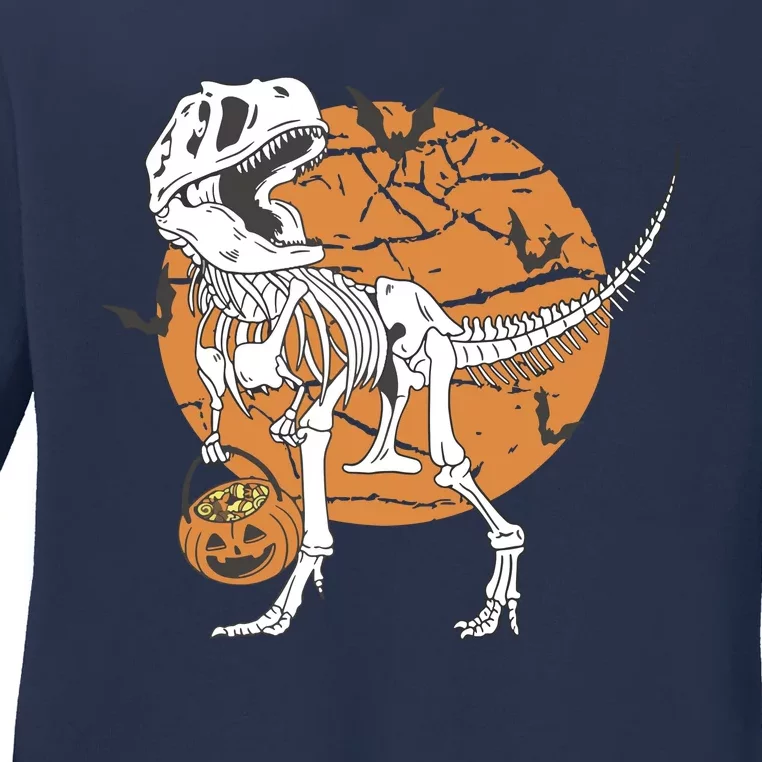 Halloween Boy Dinosaur Skeleton T Rex Scary Pumpkin Moon Ladies Long Sleeve Shirt