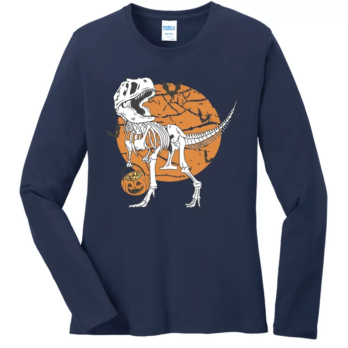 Halloween Boy Dinosaur Skeleton T Rex Scary Pumpkin Moon Ladies Long Sleeve Shirt