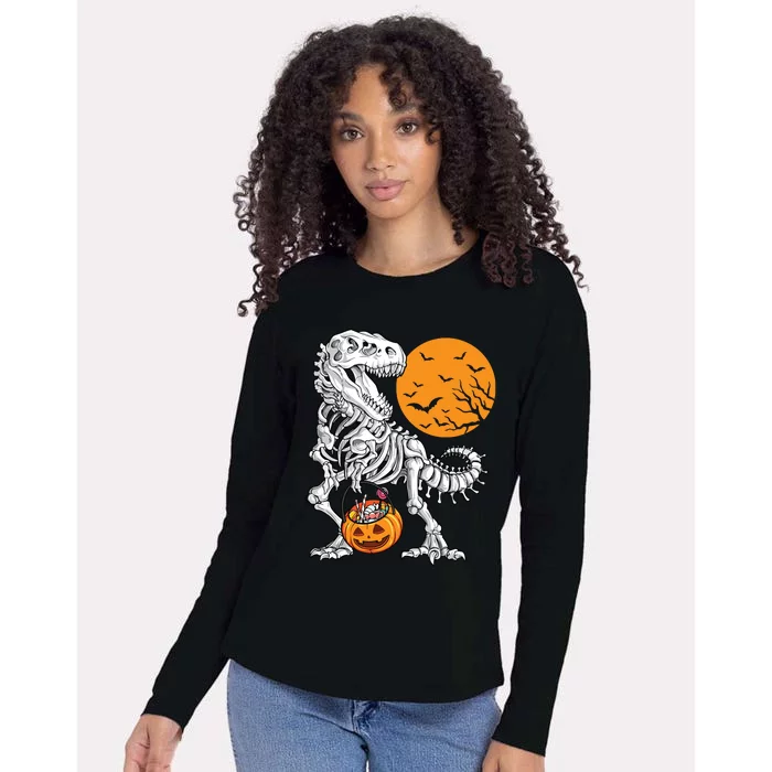 Halloween Boy Dinosaur Skeleton T Rex Scary Pumpkin Moon 5036 Womens Cotton Relaxed Long Sleeve T-Shirt