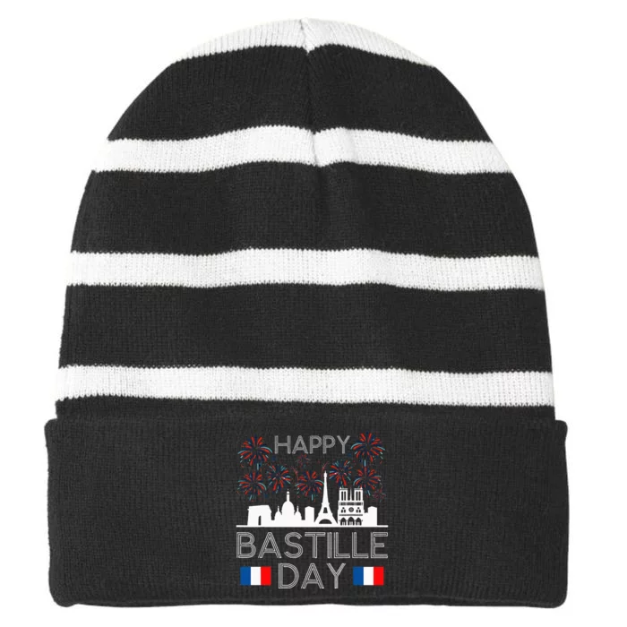 Happy Bastille Day France Paris French Flag Fireworks Striped Beanie with Solid Band