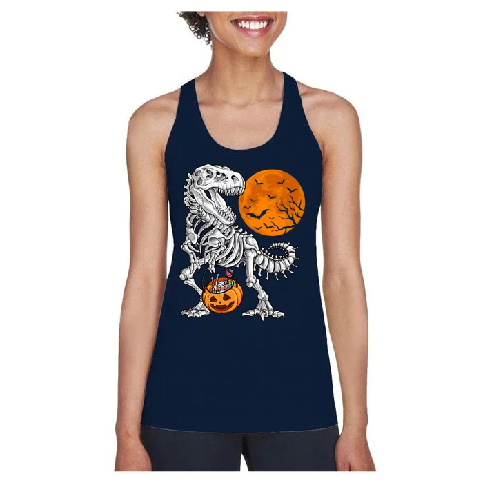 Halloween Boy Dinosaur Skeleton T Rex Scary Pumpkin Moon Women's Racerback Tank