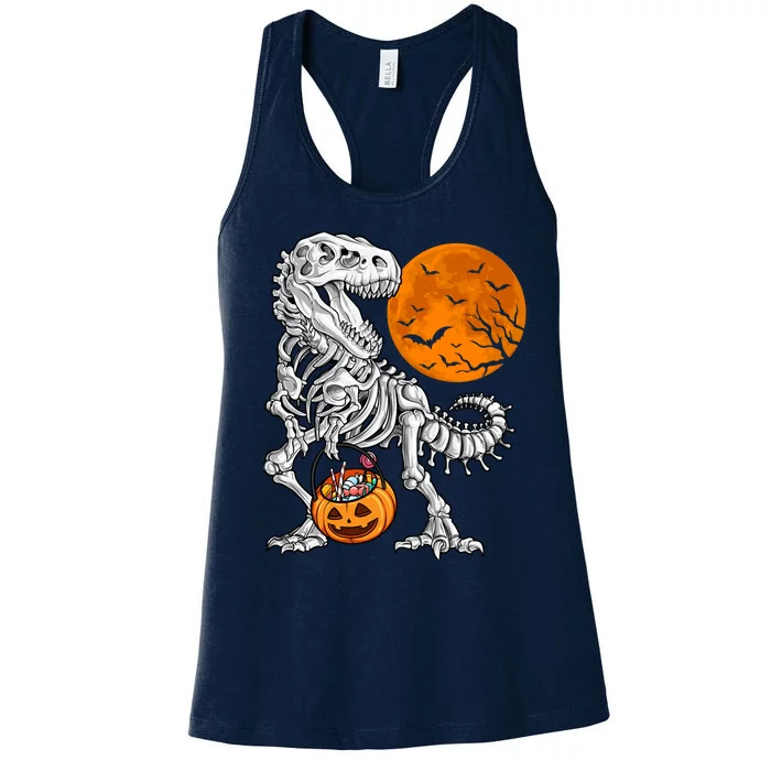 Halloween Boy Dinosaur Skeleton T Rex Scary Pumpkin Moon Women's Racerback Tank