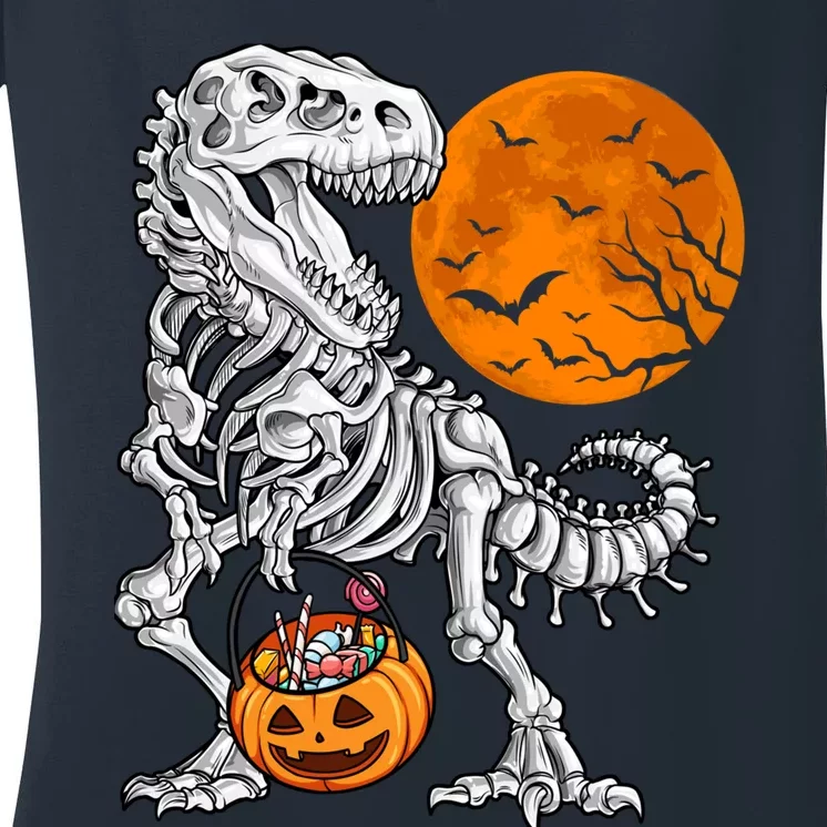 Halloween Boy Dinosaur Skeleton T Rex Scary Pumpkin Moon Women's V-Neck T-Shirt