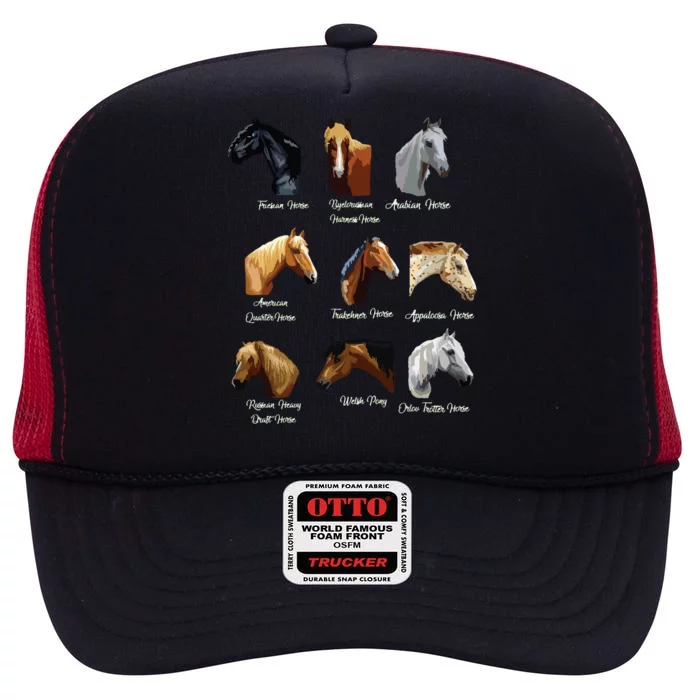 Horse Breeds Equestrian Horseback Riding Gift High Crown Mesh Trucker Hat