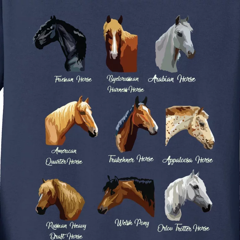 Horse Breeds Equestrian Horseback Riding Gift Kids Long Sleeve Shirt